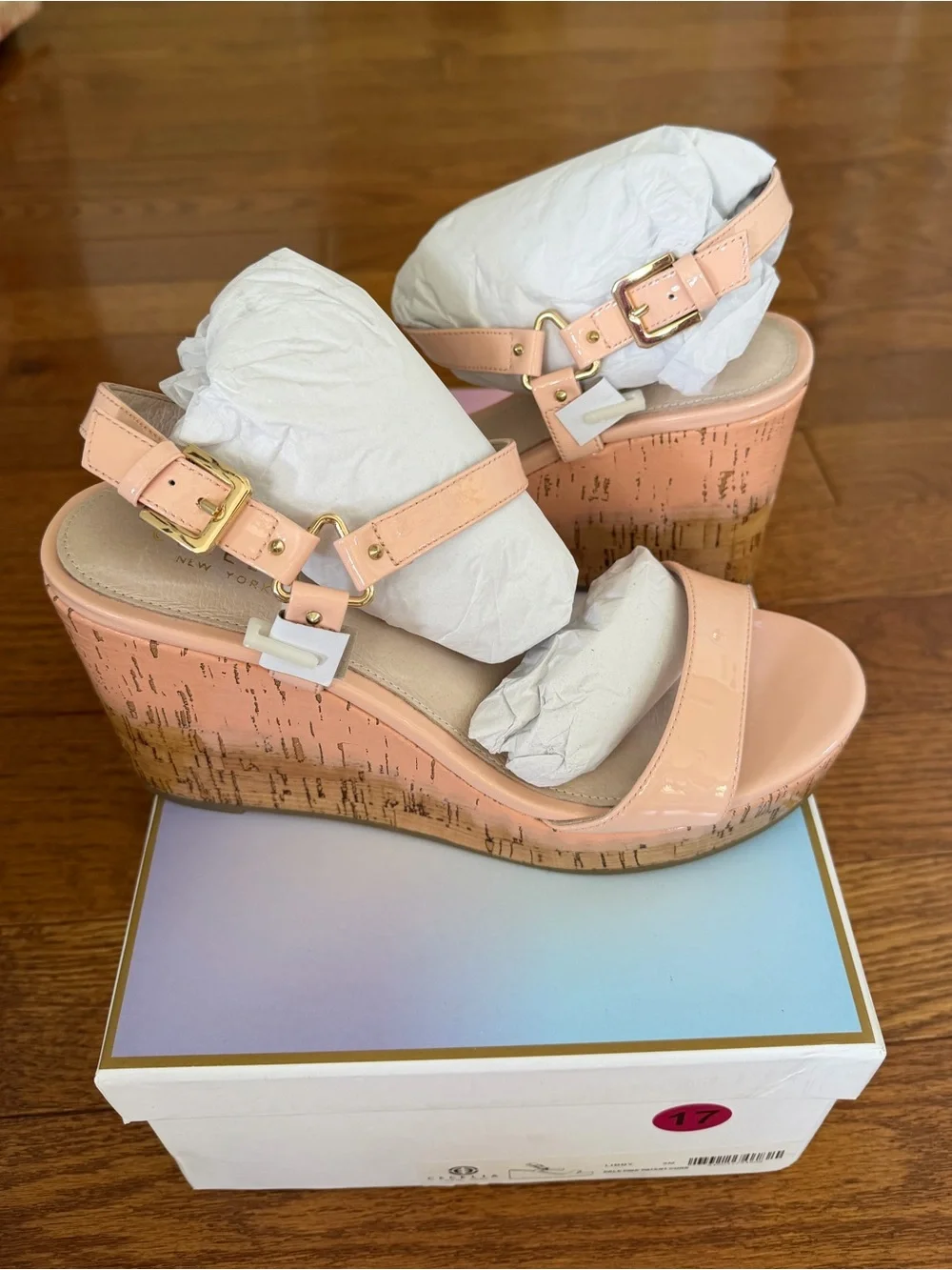CECELIA NEW YORK Blush Libby Patent Cork Wedge Sandals with Ankle Buckle